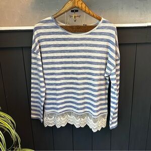 Attention Blue and Gray Striped Blouse with Crochet Lace Trim sz Medium